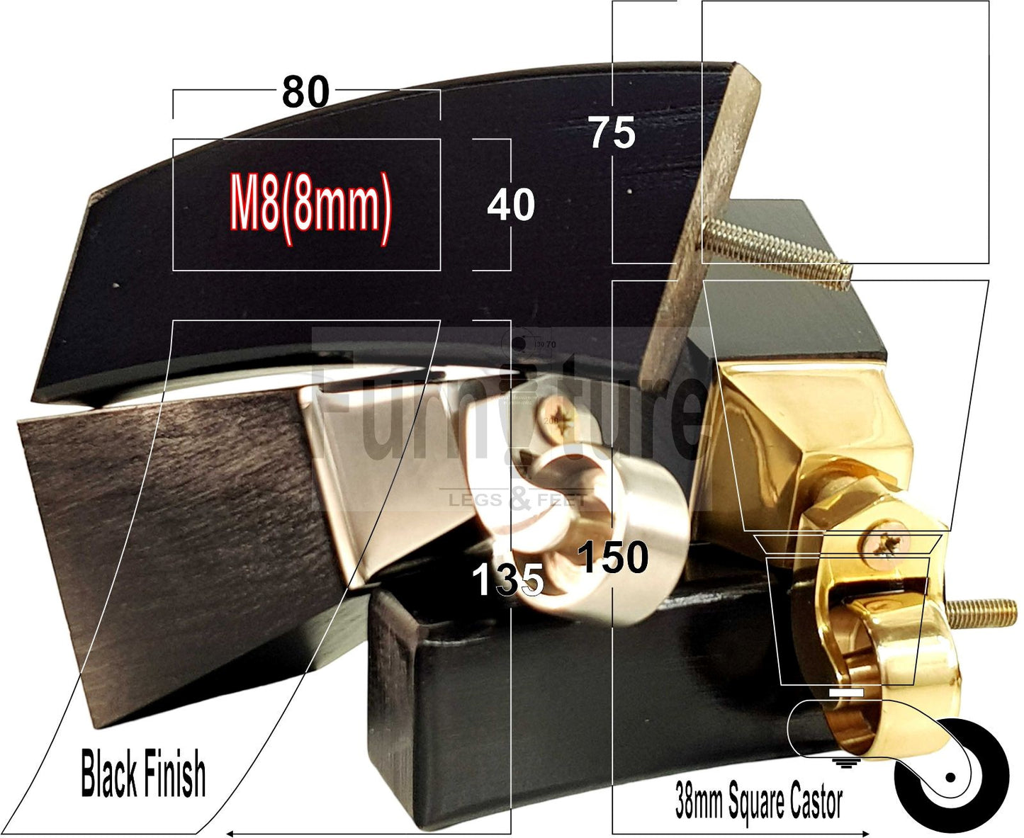 Set Of 4 Block Wood Castor Furniture Feet M8(8mm) For Chairs Cabinets Sofa 15cm High