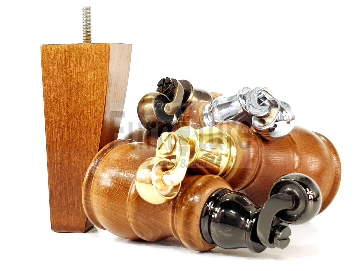 2 Wooden Castor Furniture Sofa Legs & 2 Curved Back Feet  Dark Oak Stain M8 Chair Settee Feet 160mm High