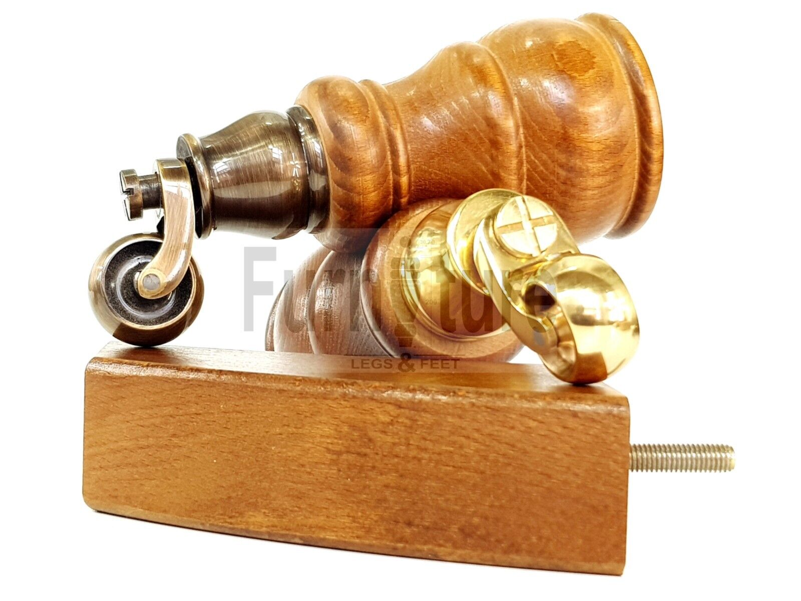 2 Wooden Castor Furniture Sofa Legs & 2 Curved Back Feet  Dark Oak Stain M8 Chair Settee Feet 160mm High