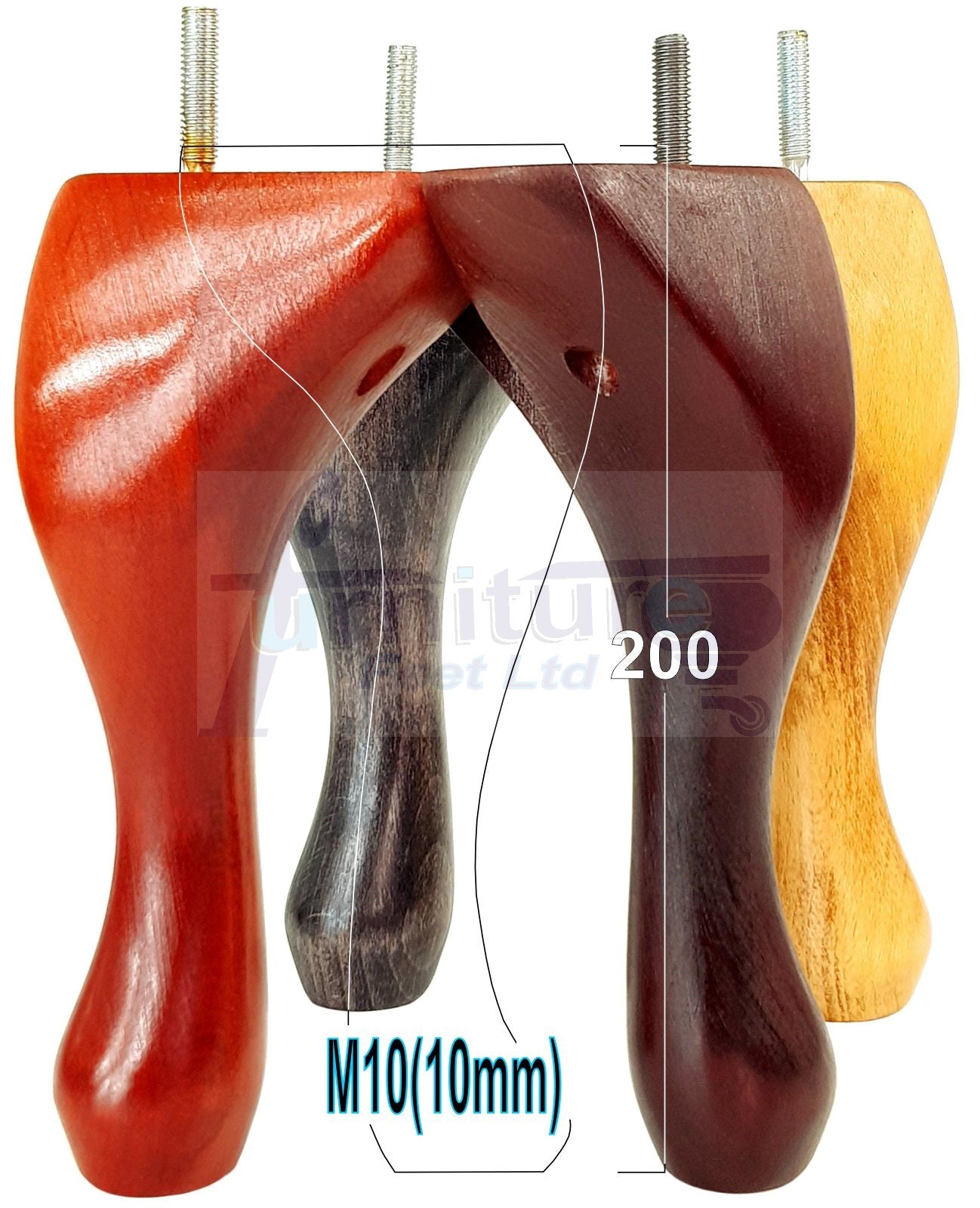 4 Solid Wood Furniture Legs 200mm High Queen Anne Replacement Feet Chairs Settees Sofas M10 Thread