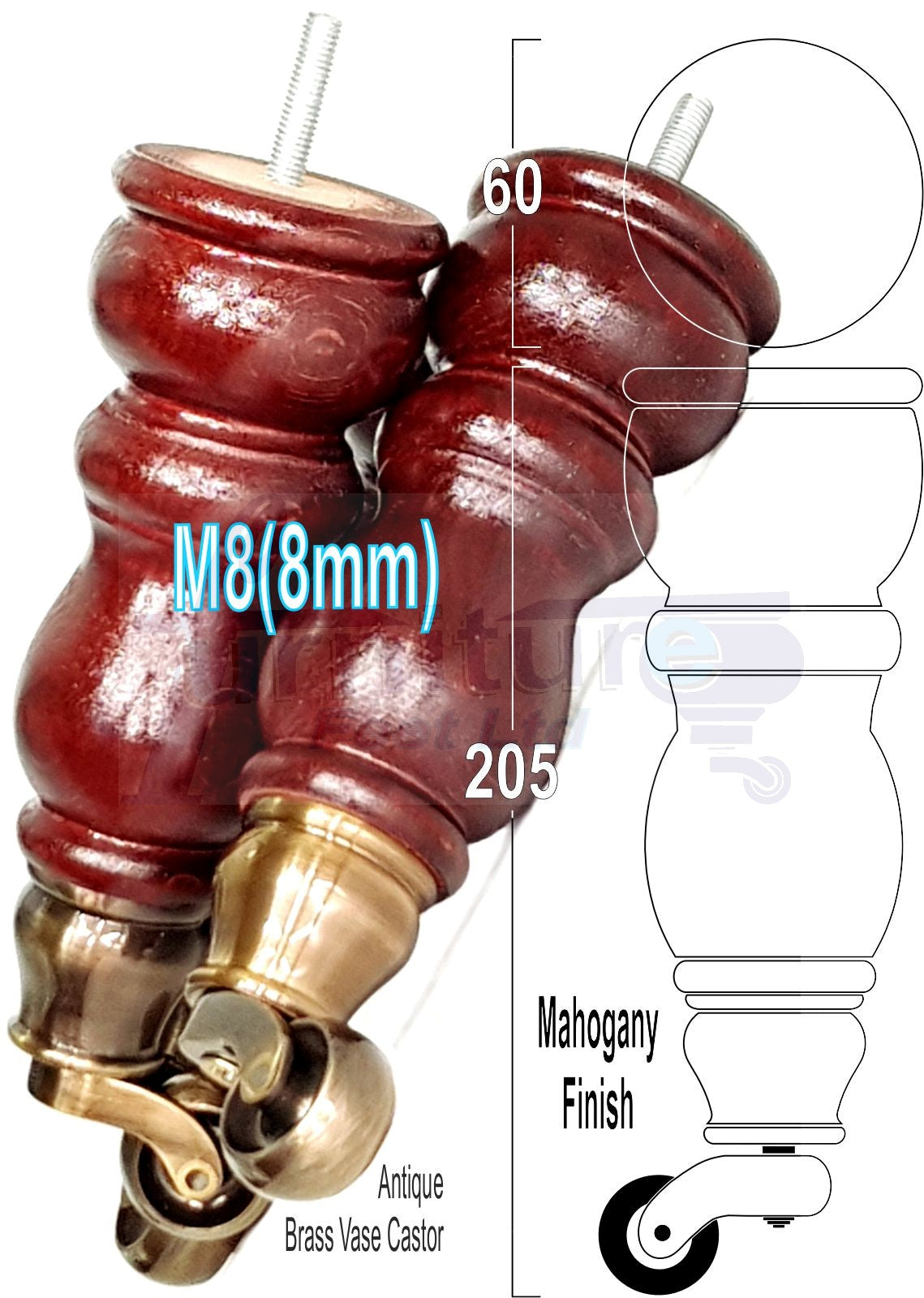 Solid Wood Furniture Feet With Castors Set of 4 Legs 205mm High For Sofas Chairs Cabinets & Beds M8 Mahogany Finish
