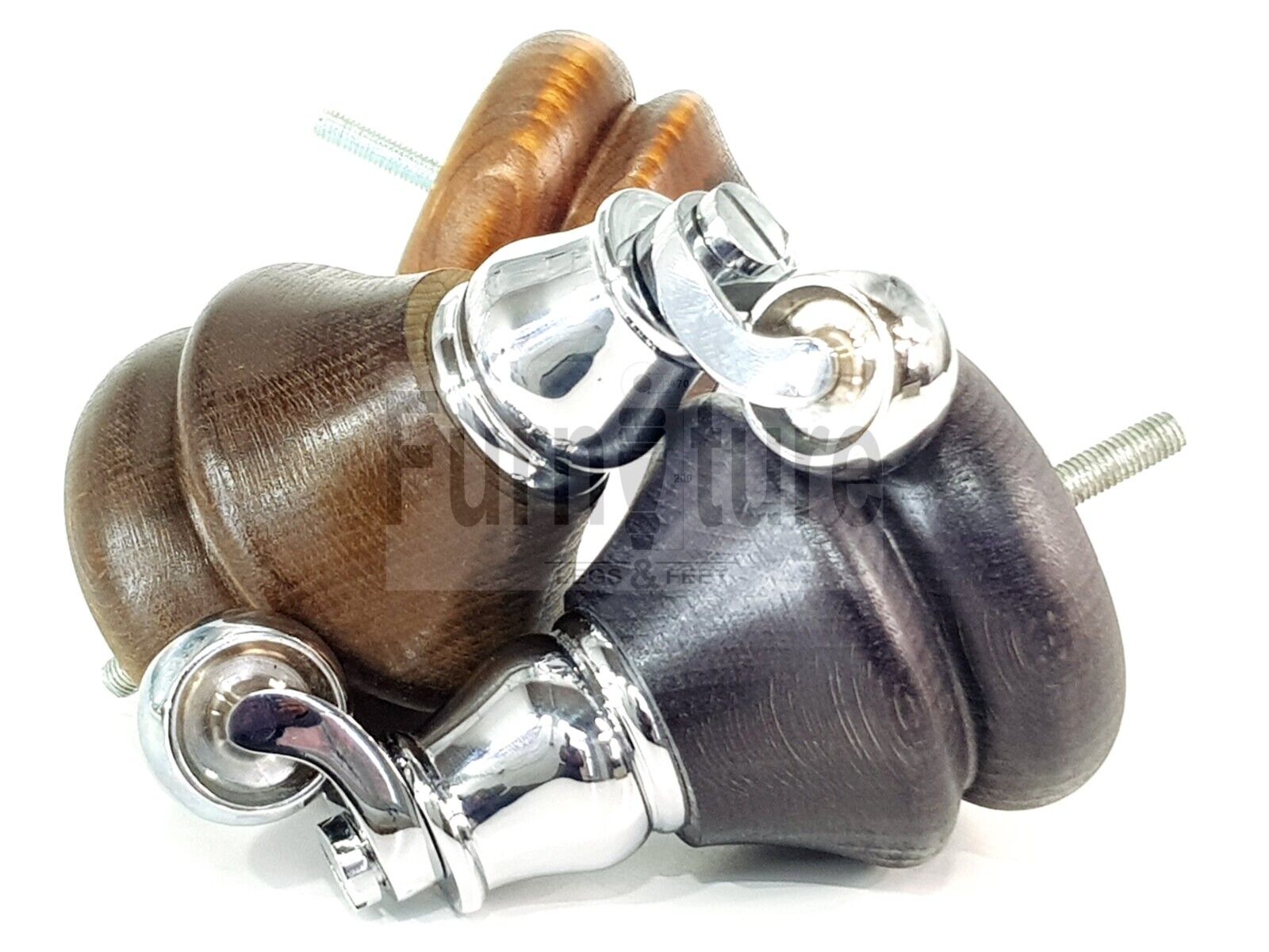 Set Of 4 Turned Furniture Wood Feet Chrome Castors 140mm Sofas Chairs Settee Cabinets Beds M8(8mm)