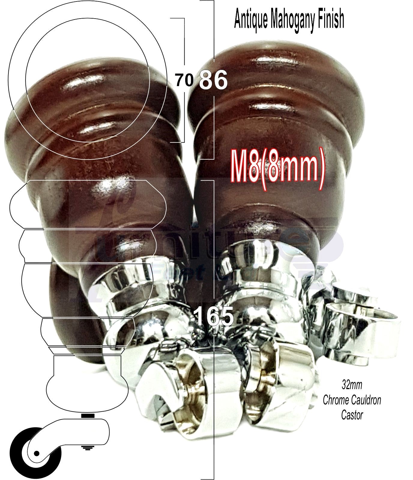 4 Turned Wood Furniture Feet With Chrome Cauldron Castors 155mm Legs Sofas Chairs Stools Cabinets Beds M8 6 Inches