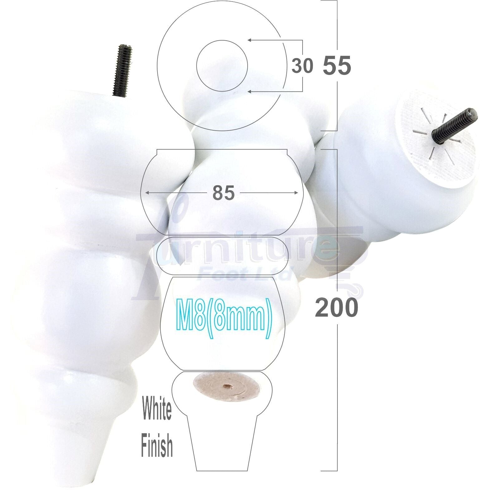 Solid Wood Furniture Feet Replacement Turned Legs 200mm High Chairs Stools Sofa's Beds Settee Cabinets M8 Various Colours Set of 4