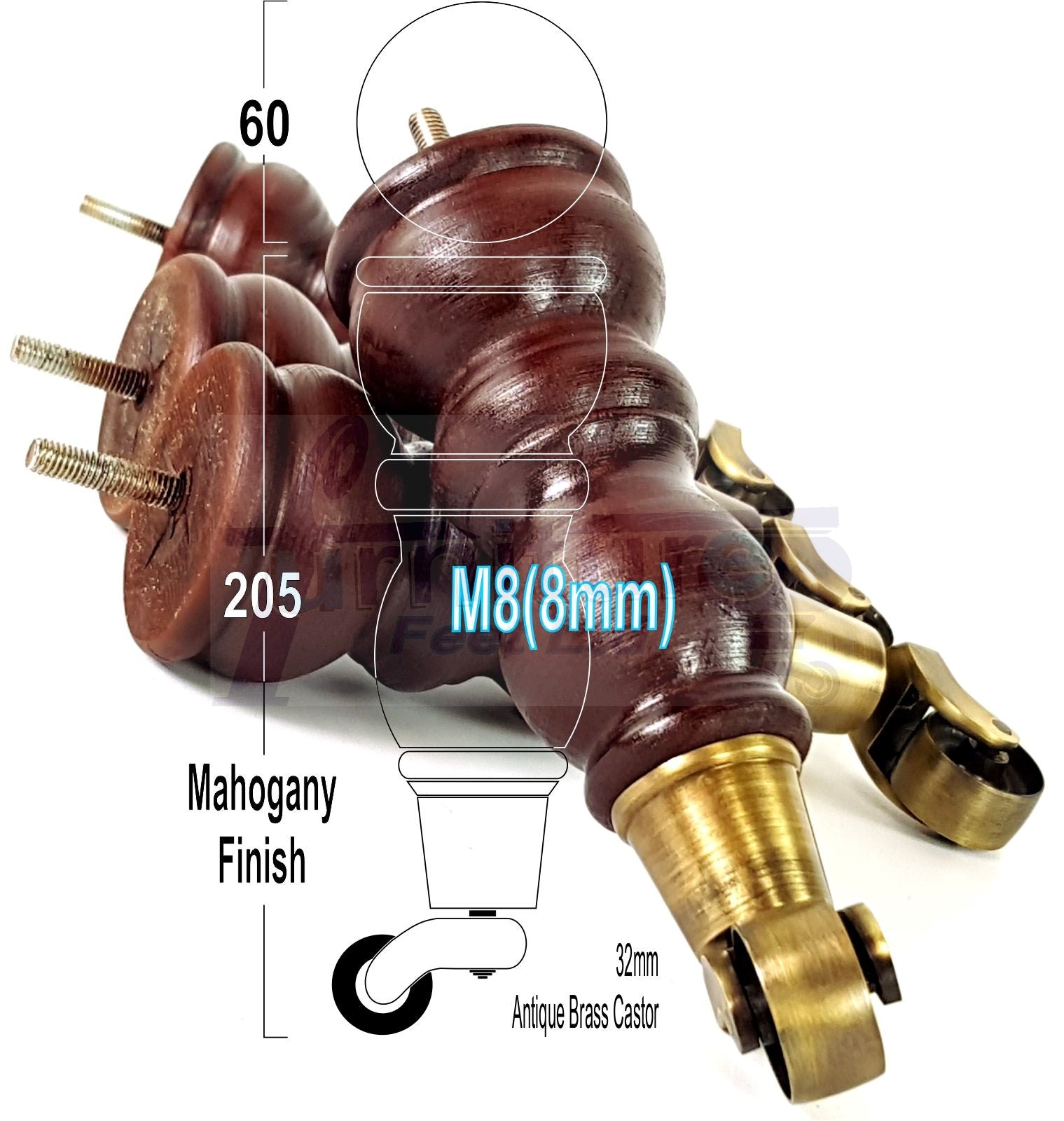 2x Solid Wood Turned Furniture Legs Replacement Castor Feet 205mm High Mahogany Chairs Stools Sofa Settee Cabinets M8