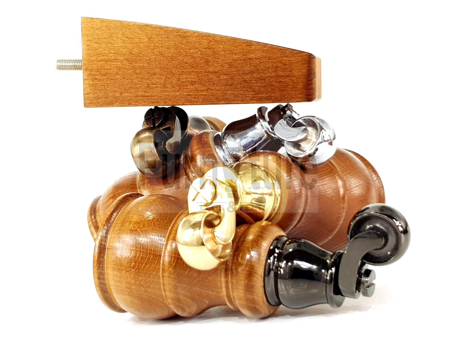 2 Wooden Castor Furniture Sofa Legs & 2 Curved Back Feet  Dark Oak Stain M8 Chair Settee Feet 160mm High