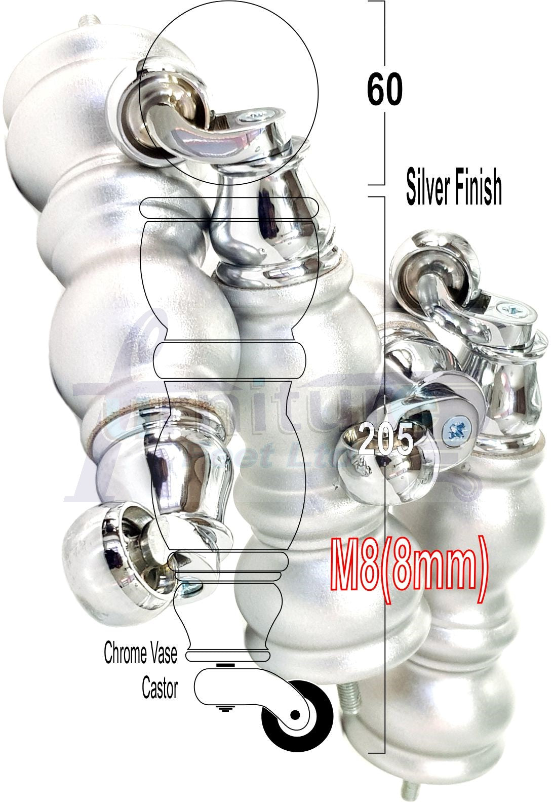 4x Furniture Feet With Castor 205mm High Legs Silver Wood M8 Sofas Chairs Stools Cabinets 8 Inches Tall