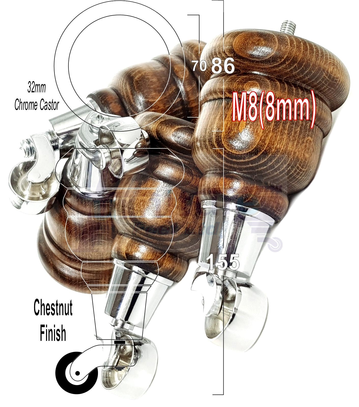 4 Turned Wood Furniture Feet With Chrome Castors 155mm Legs Sofas Chairs Stools Cabinets Beds M8 6 Inches