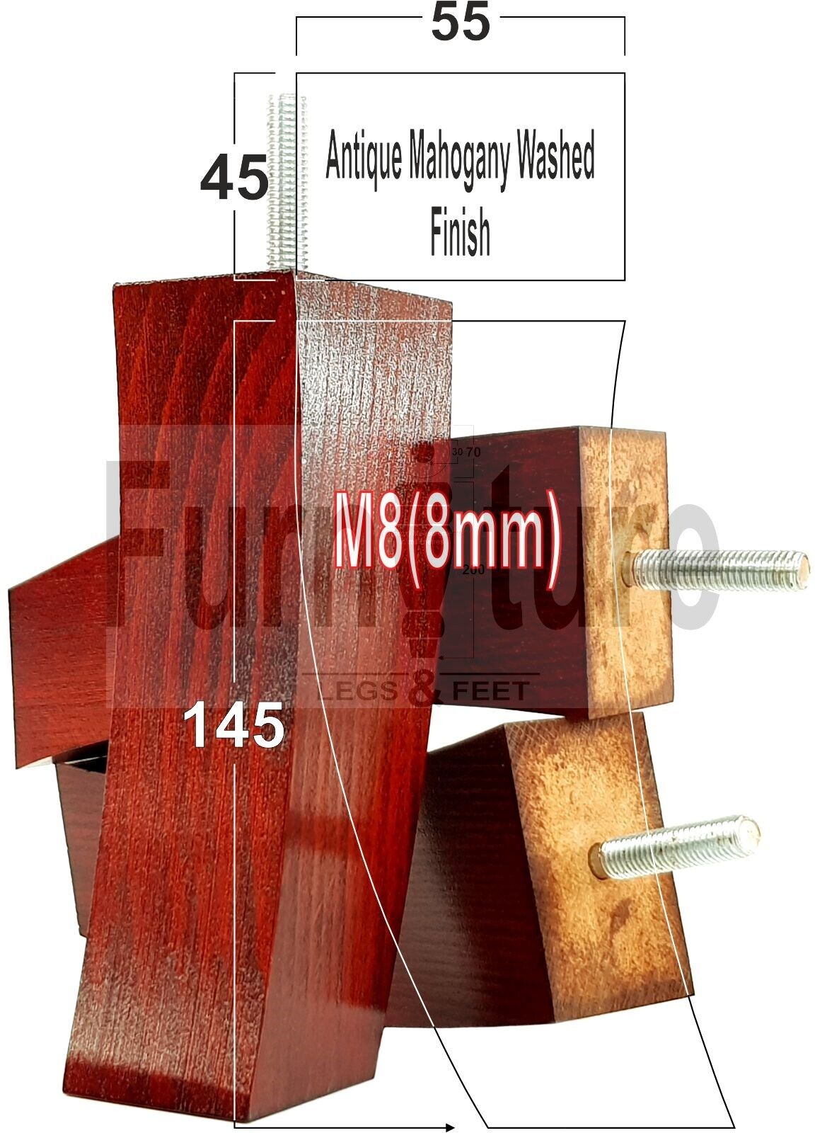 Set Of 4 Solid Wood Curved Furniture Feet Replacement Legs 145mm High M8(8mm)