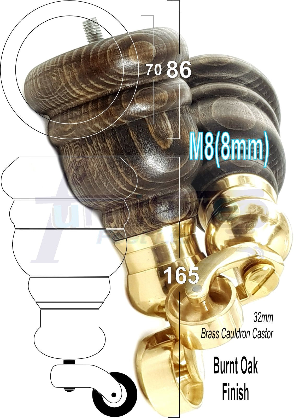 4 Turned Wood Furniture Feet With Brass Cauldron Castors 160mm Legs Sofas Chairs Stools Cabinets Beds M8 6 Inches