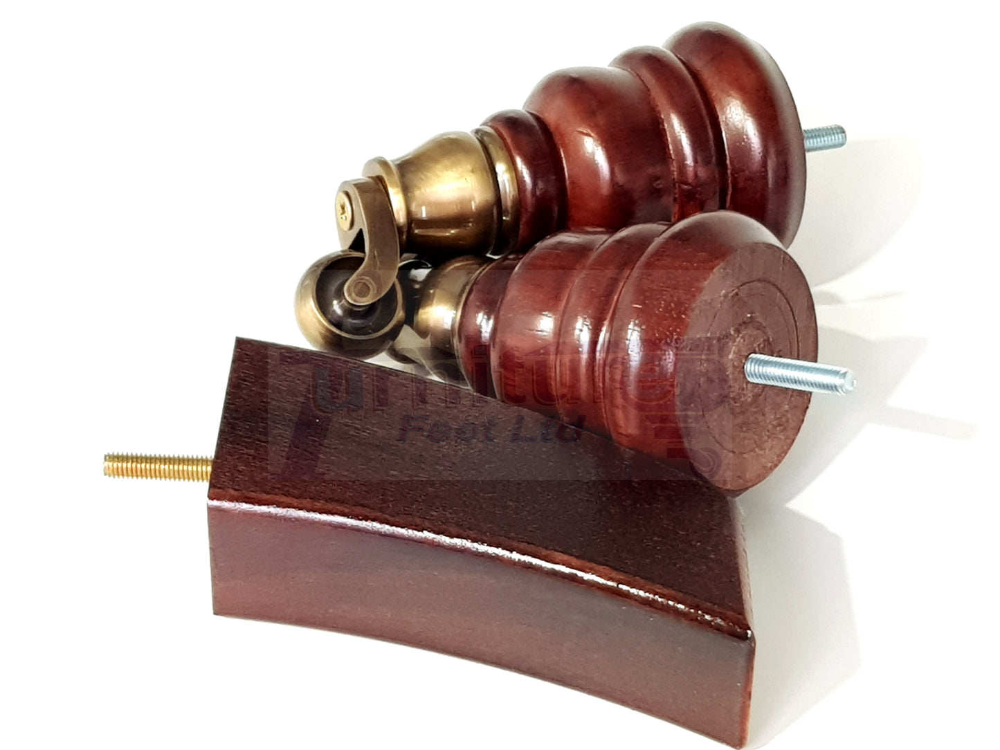 Mahogany Turned Wood Furniture Feet 2 With Castors 155mm and 2 Curved Back Legs Sofas Chairs Stools Cabinets Beds M8 6 Inches