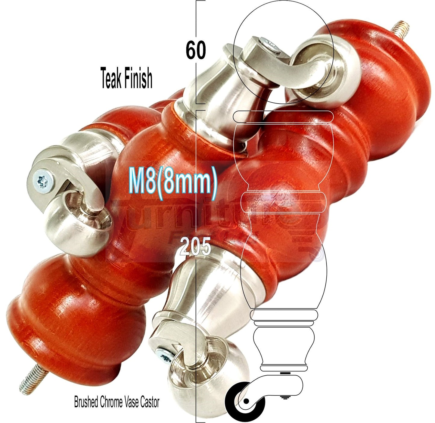 Solid Wood Furniture Feet With Castors Set of 4 Legs 205mm High For Sofas Chairs Stools Cabinets & Beds M8