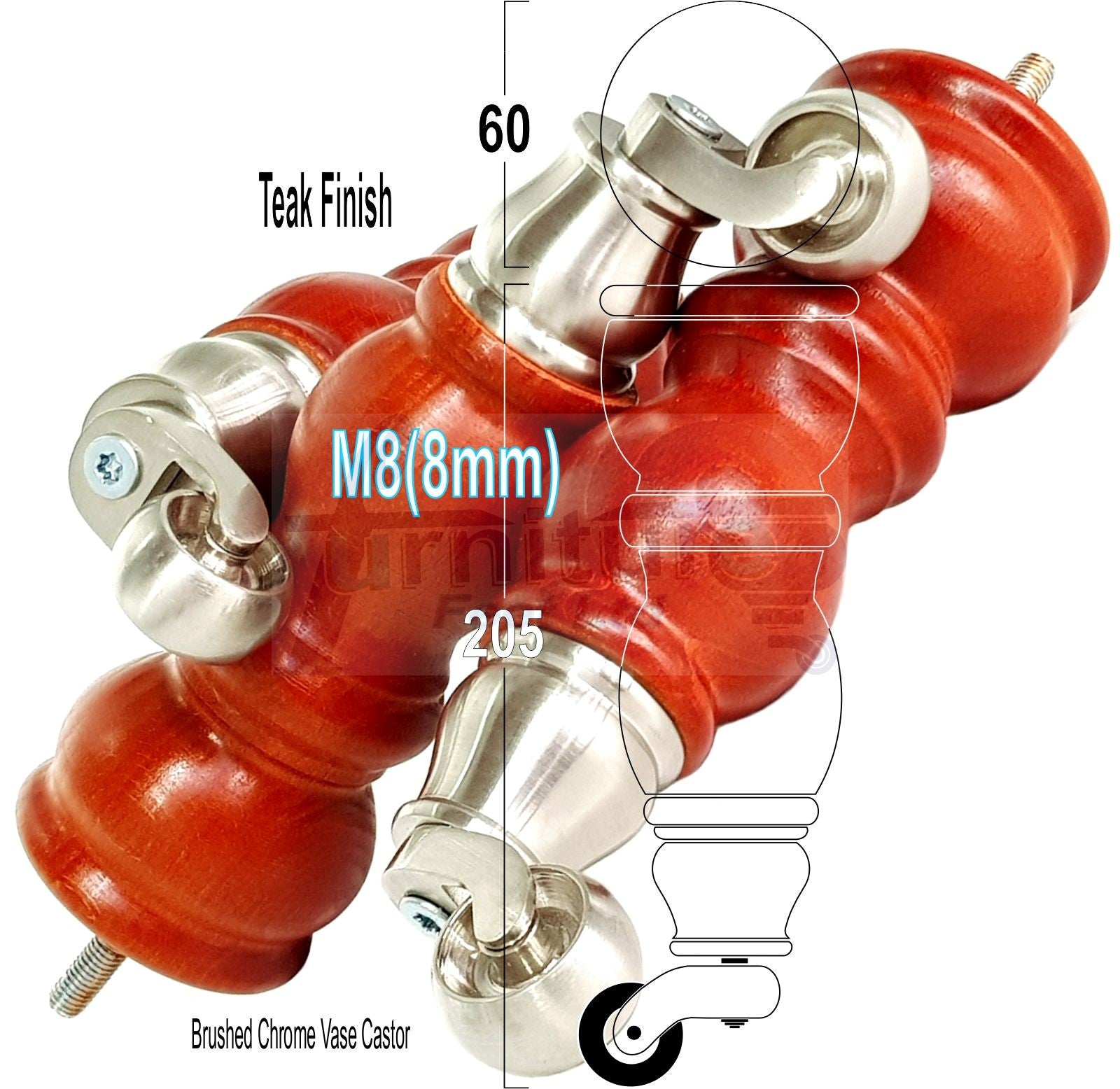 Solid Wood Furniture Feet With Castors Set of 4 Legs 205mm High For Sofas Chairs Stools Cabinets & Beds M8