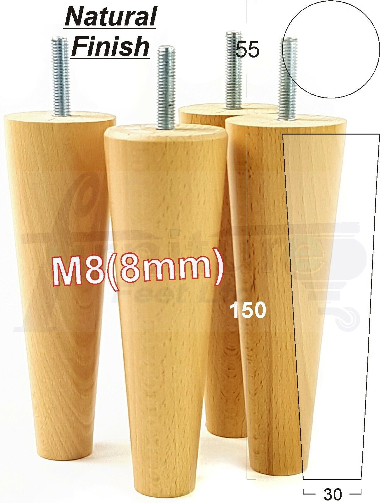 Modern Turned Solid Wood Furniture Feet 150mm High Mid Century Retro Tapered Replacement Legs M8 Set of 4 Sofa Chairs Stools Cabinets Beds
