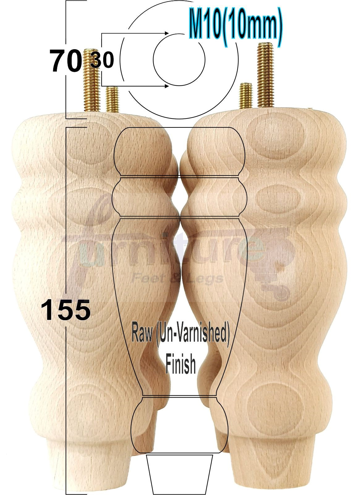 Set Of 4 Turned Wood Furniture Legs Replacement Sofa, Chair Feet 155mm High M10 Tread