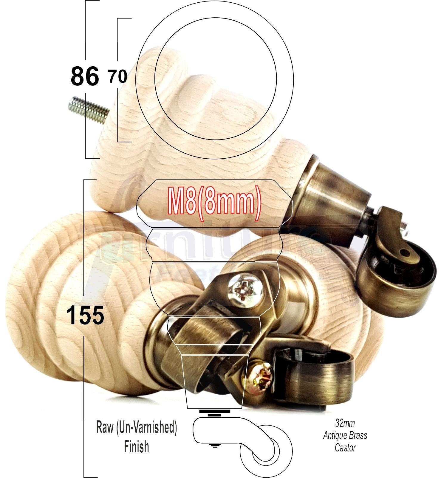4 Turned Wood Furniture Feet With Antique Brass Castors 155mm Legs Sofas Chairs Stools Cabinets Beds M8 6 Inches