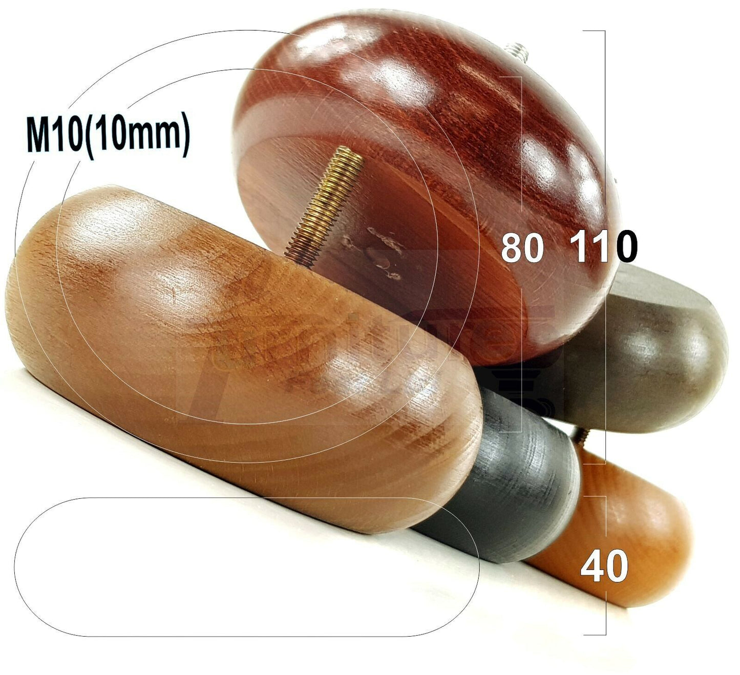 Set Of 4 Turned Wood Furniture Legs Chair Sofa Bed Replacement Bun Feet 40mm High M10 Thread