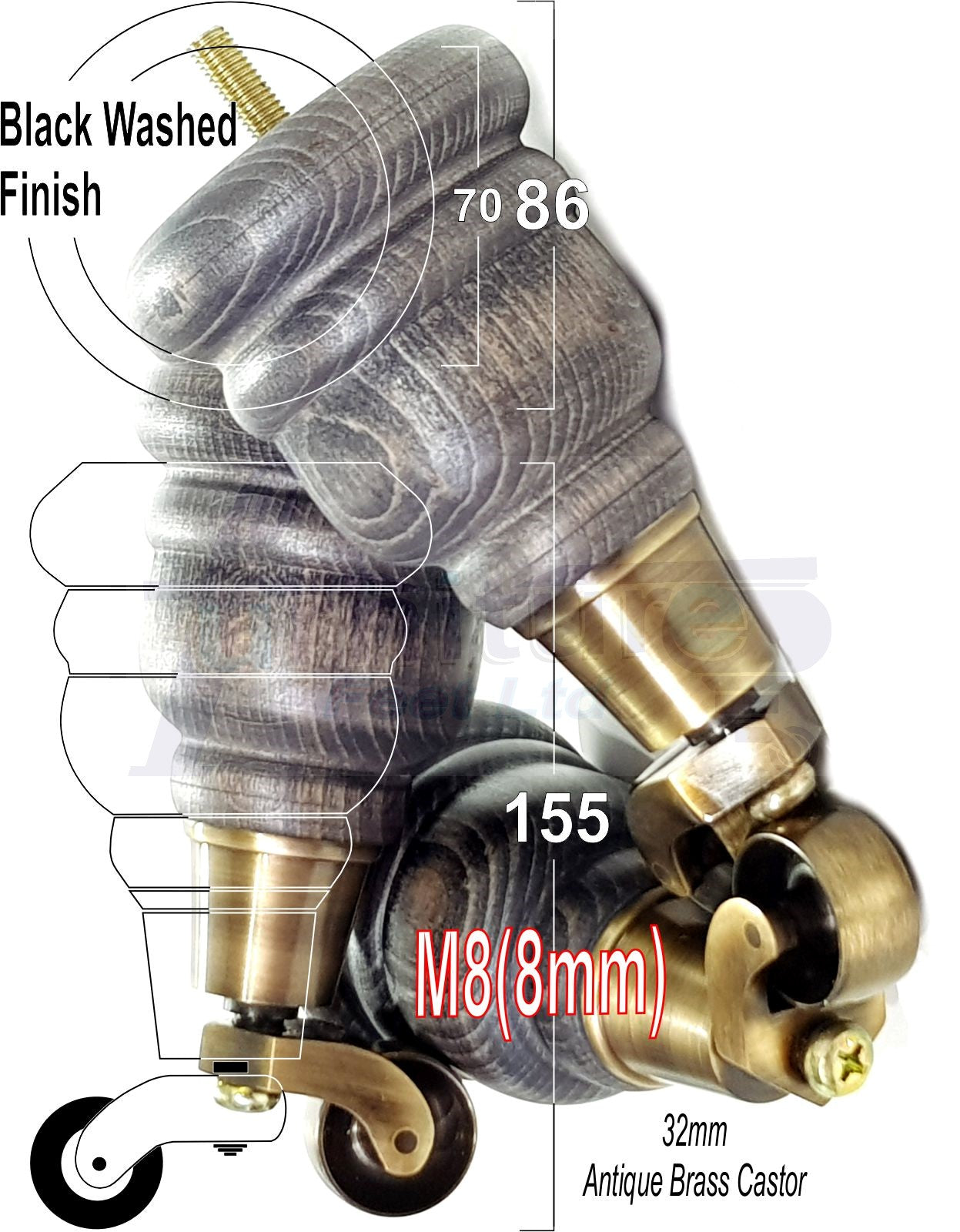 4 Turned Wood Furniture Feet With Antique Brass Castors 155mm Legs Sofas Chairs Stools Cabinets Beds M8 6 Inches