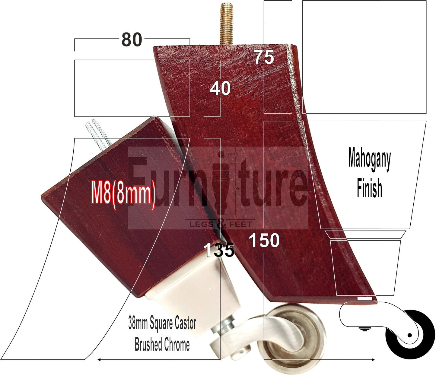 2x Cuved Wood Furniture Legs & 2x Castor Feet 150mm High For Chairs Sofas Settees 8mm Thread