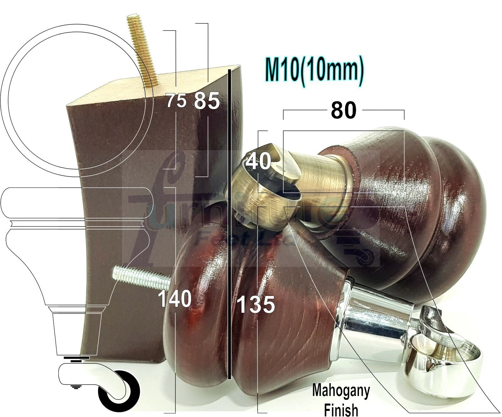 Turned Wood Furniture Feet 2 With Castors 140mm & 2 Curved Back Legs Sofas Chairs Stools Cabinets Beds M10(10mm)