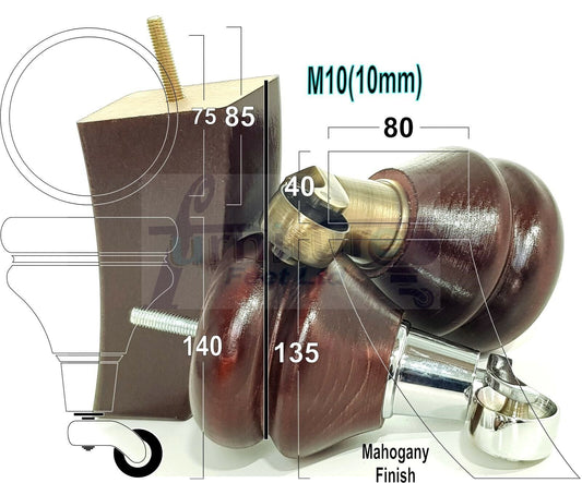 Turned Wood Furniture Feet 2 With Castors 140mm & 2 Curved Back Legs Sofas Chairs Stools Cabinets Beds M10(10mm)