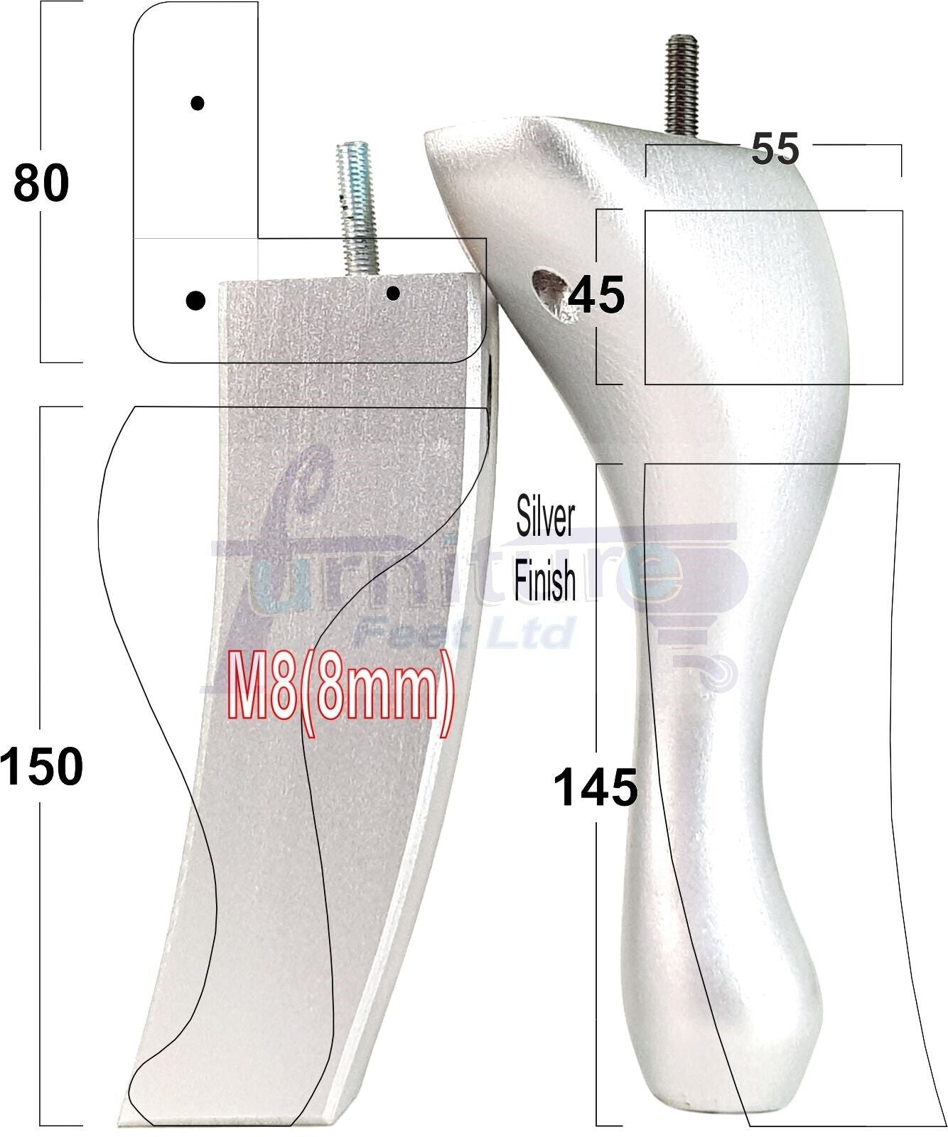 2x Vintage Queen Anne Replacement Furniture Legs & 2x Curved Back Feet 150mm 6 Inch High 8mm Thread