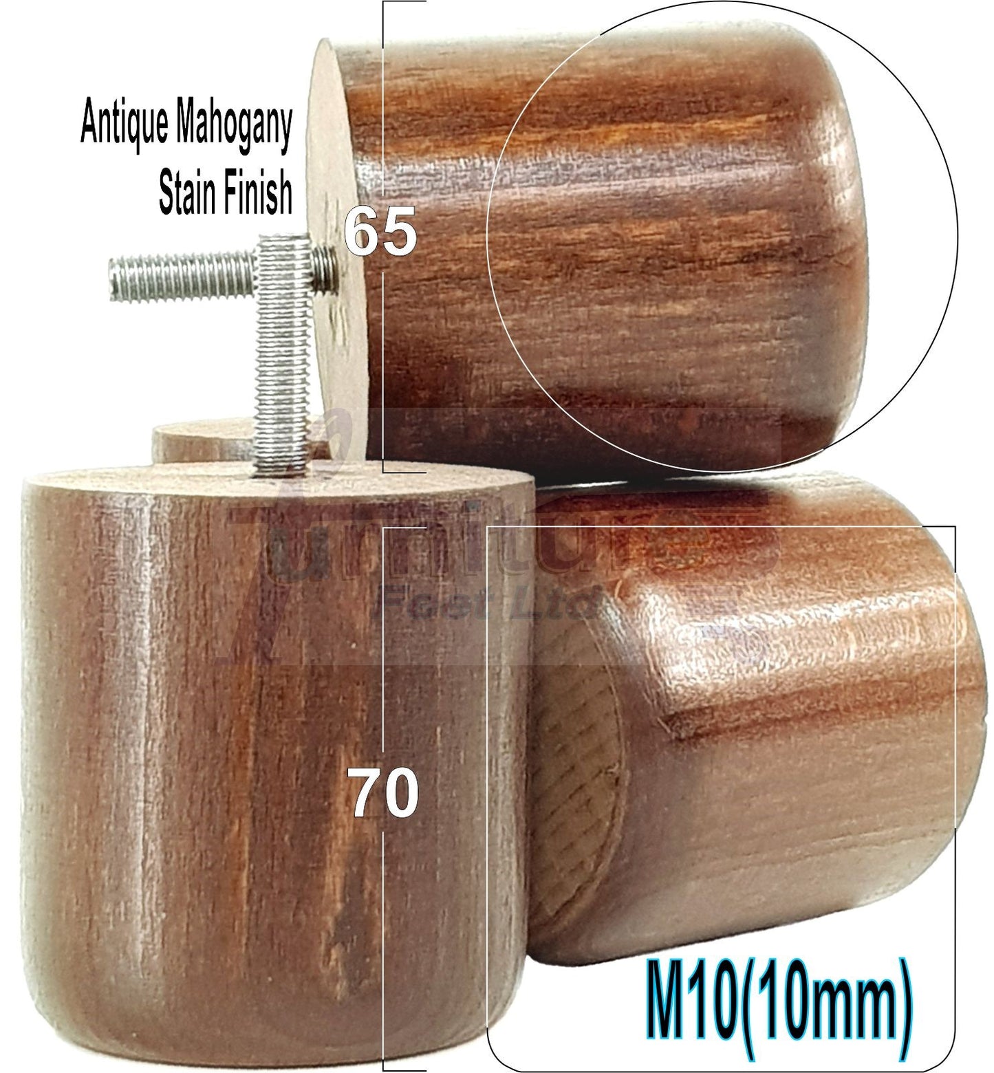4x Solid Wood Turned Furniture Legs Replacement Bun Feet 70mm High 10mm Thread