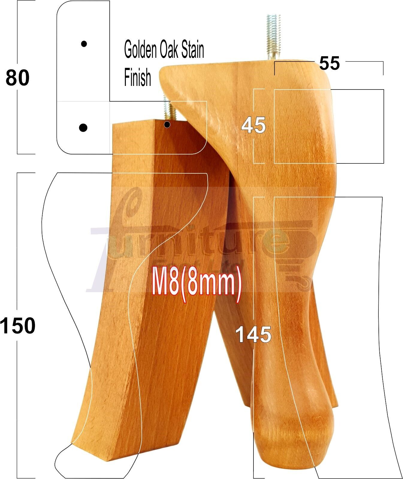 2x Vintage Queen Anne Replacement Furniture Legs & 2x Curved Back Feet 150mm 6 Inch High 8mm Thread