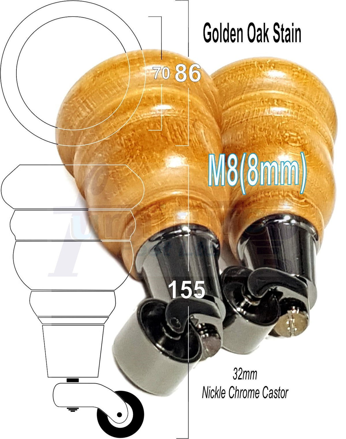 4 Turned Wooden Replacement Furniture Legs with Castors 6 Inch 155mm High Sofa Feet M8 Dowl Fixing - Black Castor