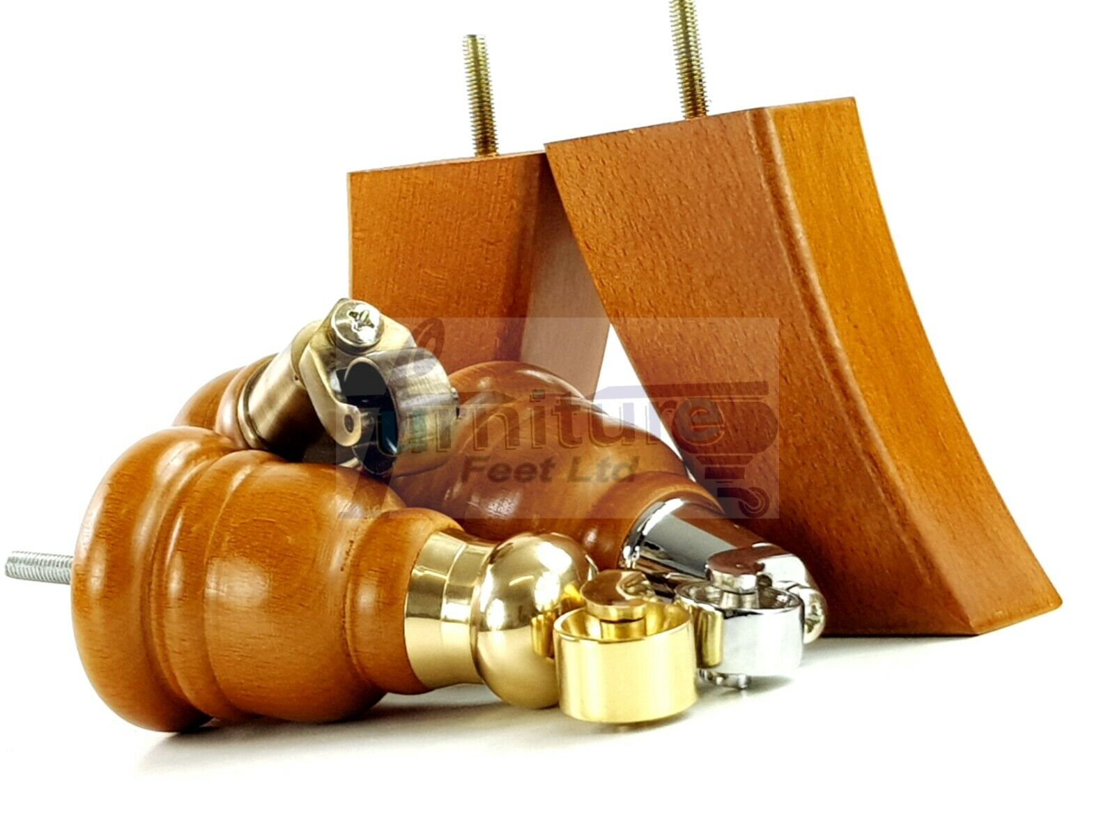  Golden Oak Turned Wood Furniture Feet 2 With Castors 155mm and 2 Curved Back Legs Sofas Chairs Stools Cabinets Beds M8 6 Inches