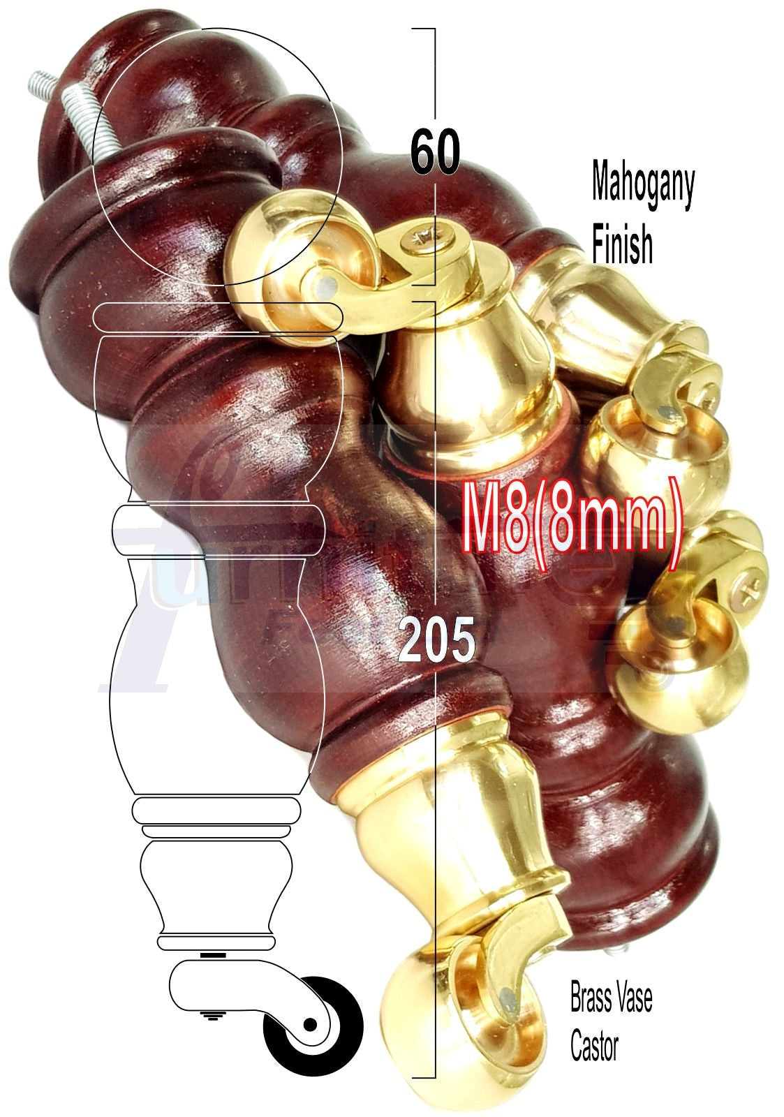 Solid Wood Furniture Feet With Castors Set of 4 Legs 205mm High For Sofas Chairs Cabinets & Beds M8 Mahogany Finish