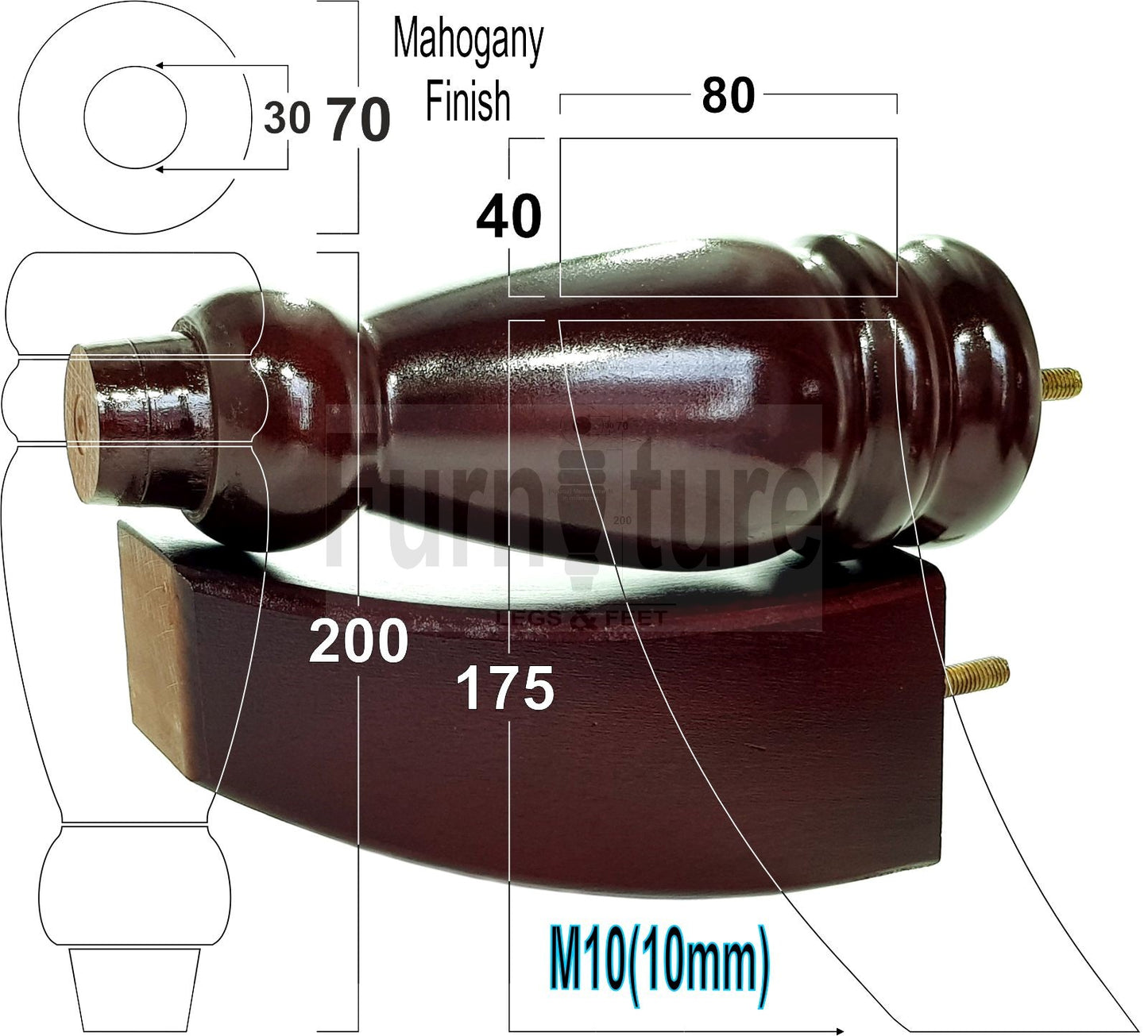 2x Furniture Legs Replacement Sofa Feet 200mm & 2x Curved Legs 175mm for Chairs Sofa Settee M10 Thread