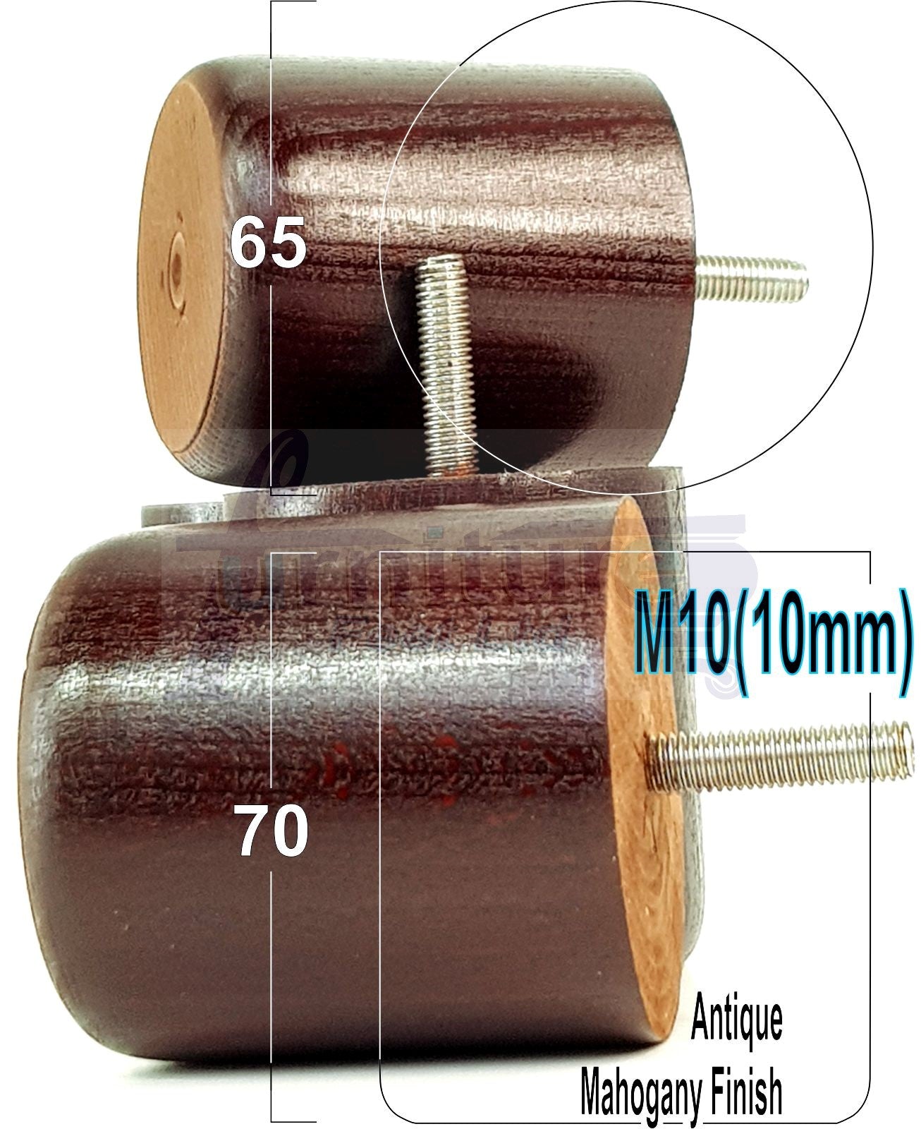 4x Solid Wood Turned Furniture Legs Replacement Bun Feet 70mm High 10mm Thread