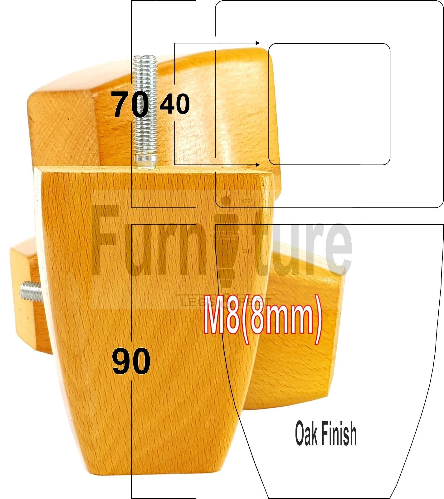 Set Of 4 Solid Wooden Block Furniture Feet Replacement Legs 90mm High M8(8mm)