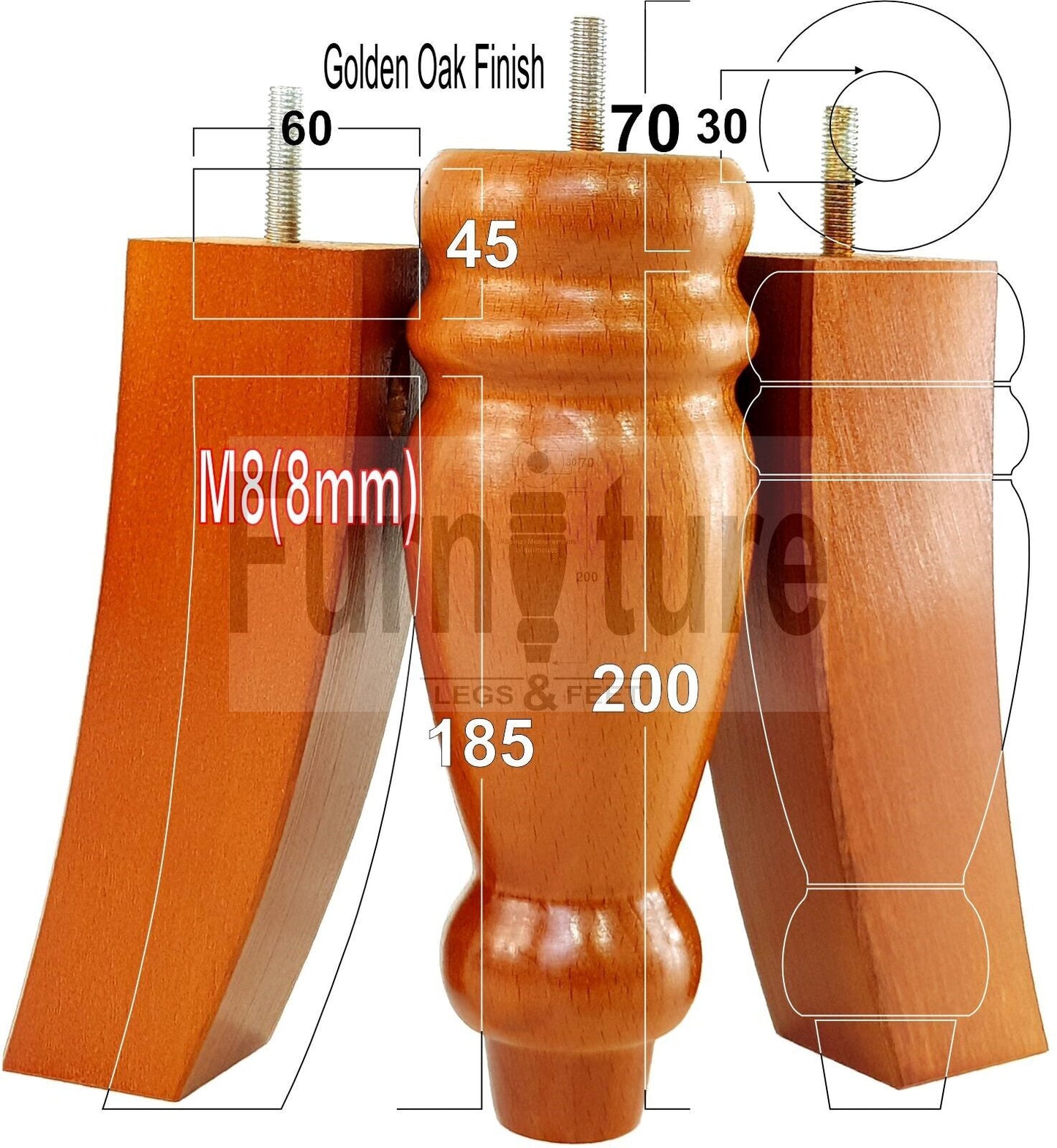 2 Traditional Turned Furniture Feet Replacement Sofa Legs 200mm & 2 Curved Back Legs 185mm for Chairs Stools Sofa Beds Settee Cabinets M8