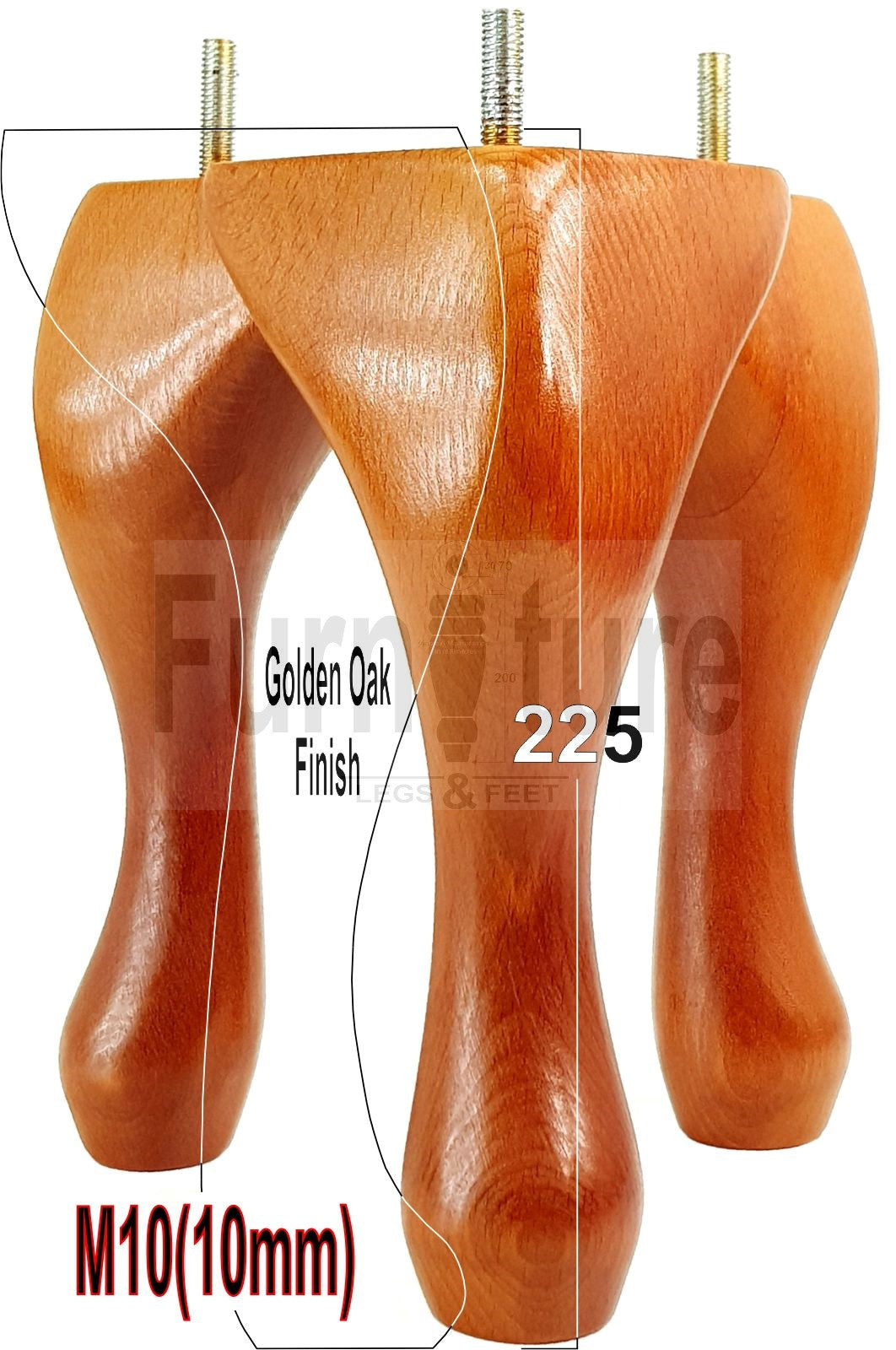 4 Solid Wood Furniture Legs 225mm High Queen Anne Replacement Feet Chairs Settees Sofas M10 Thread