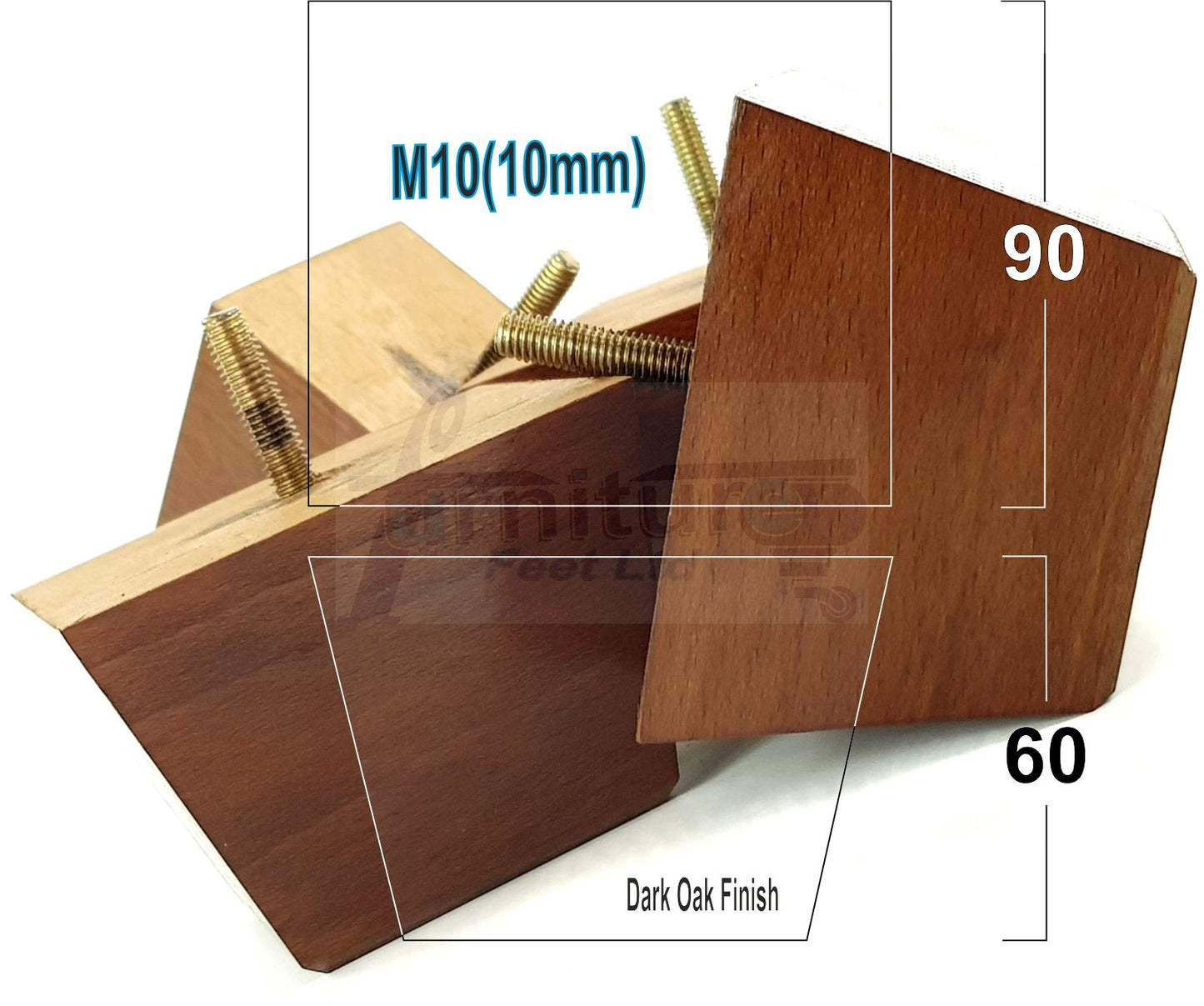 4x Square Wood Sofa Legs 60mm High Replacement Furniture Feet Chairs Cabinets M10 Thread