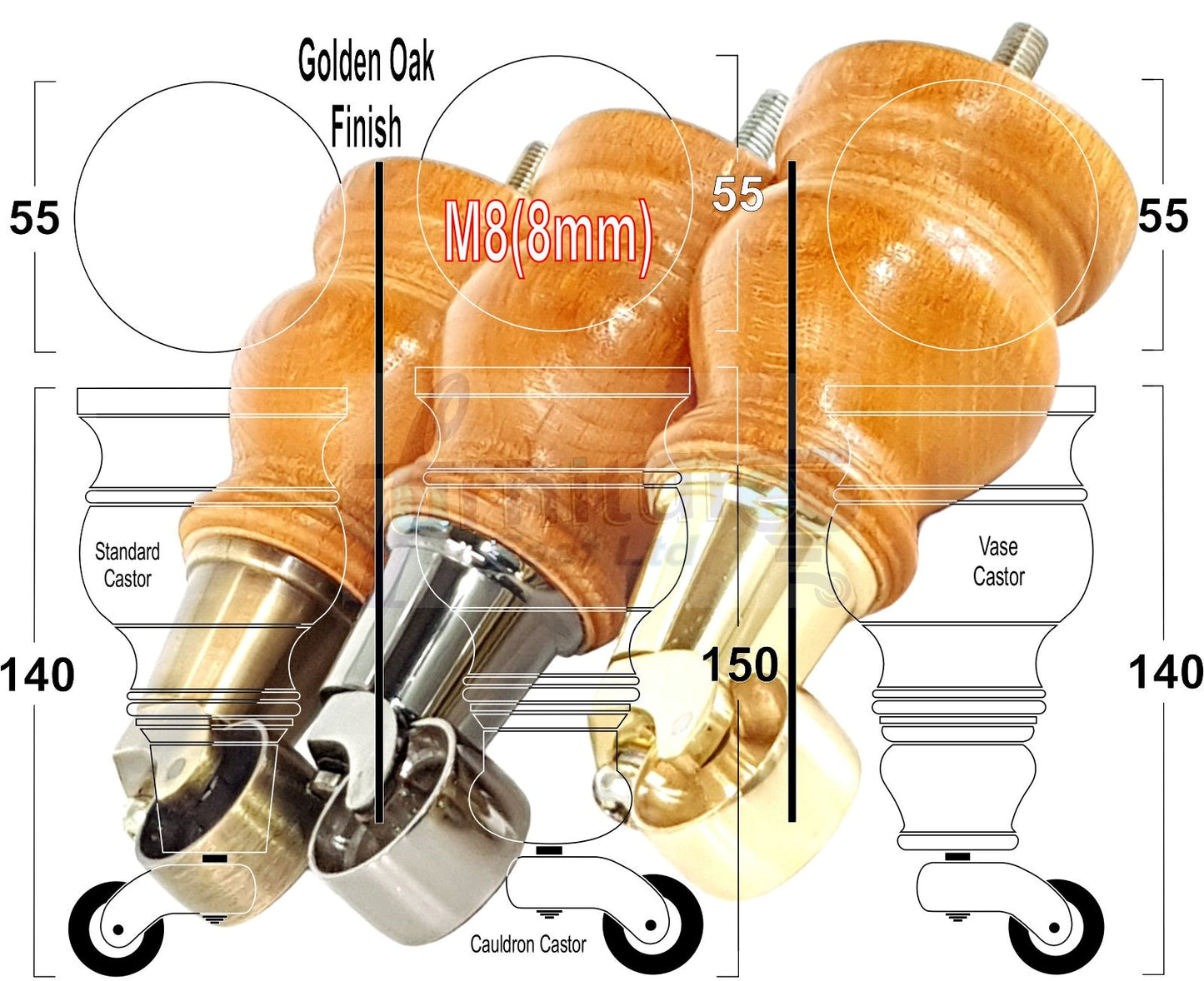 Set Of 4 Turned Wood Furniture Legs With 150mm High Castor 8mm Thread For Chairs Settees & Cabinets Golden Oak Finish
