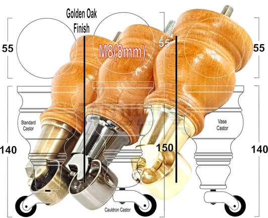 Set Of 4 Turned Wood Furniture Legs With 150mm High Castor 8mm Thread For Chairs Settees & Cabinets Golden Oak Finish