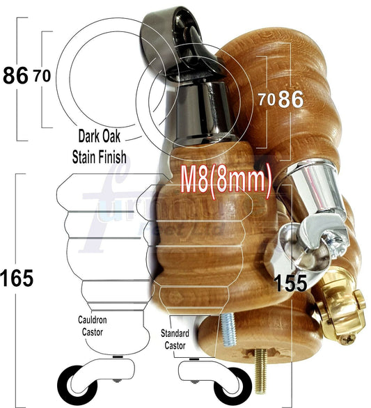 4 Turned Dark Oak Stain Wood Furniture Feet With Castors 155mm Legs Sofas Chairs Stools Cabinets Beds M8 6 Inches	