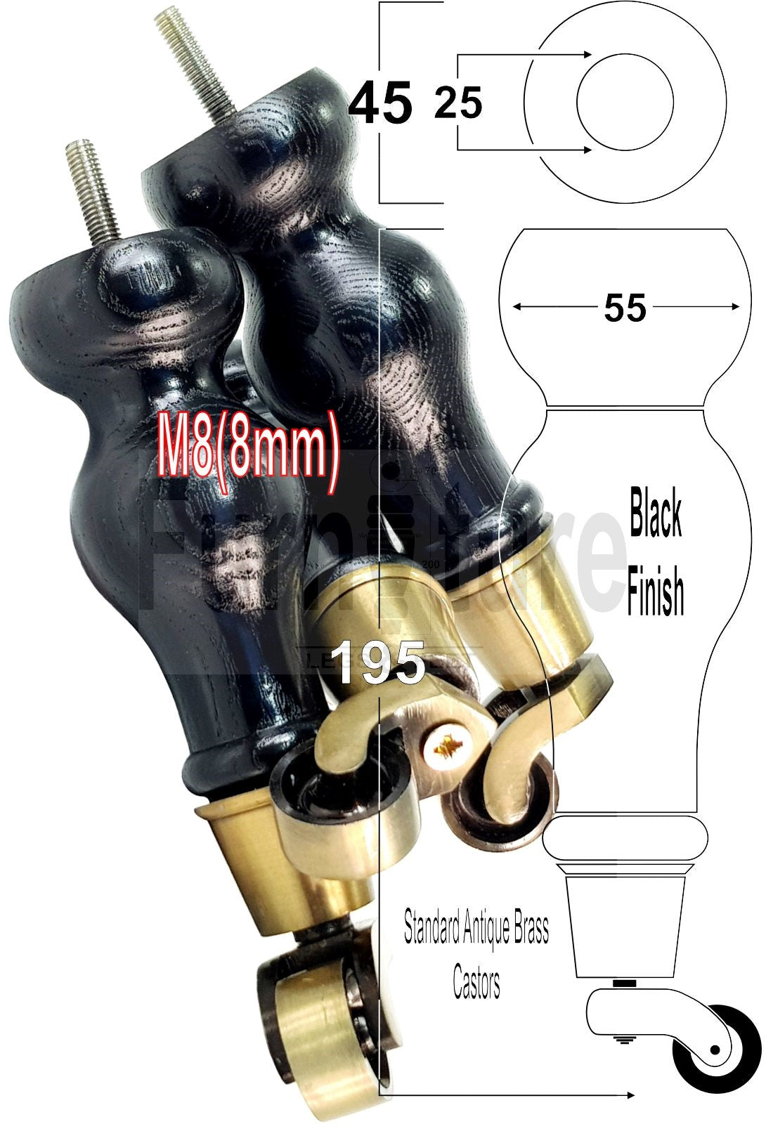 4x Solid Oak Wood Furniture Castor Legs Sofa Settee Chair Replacement Feet 195mm