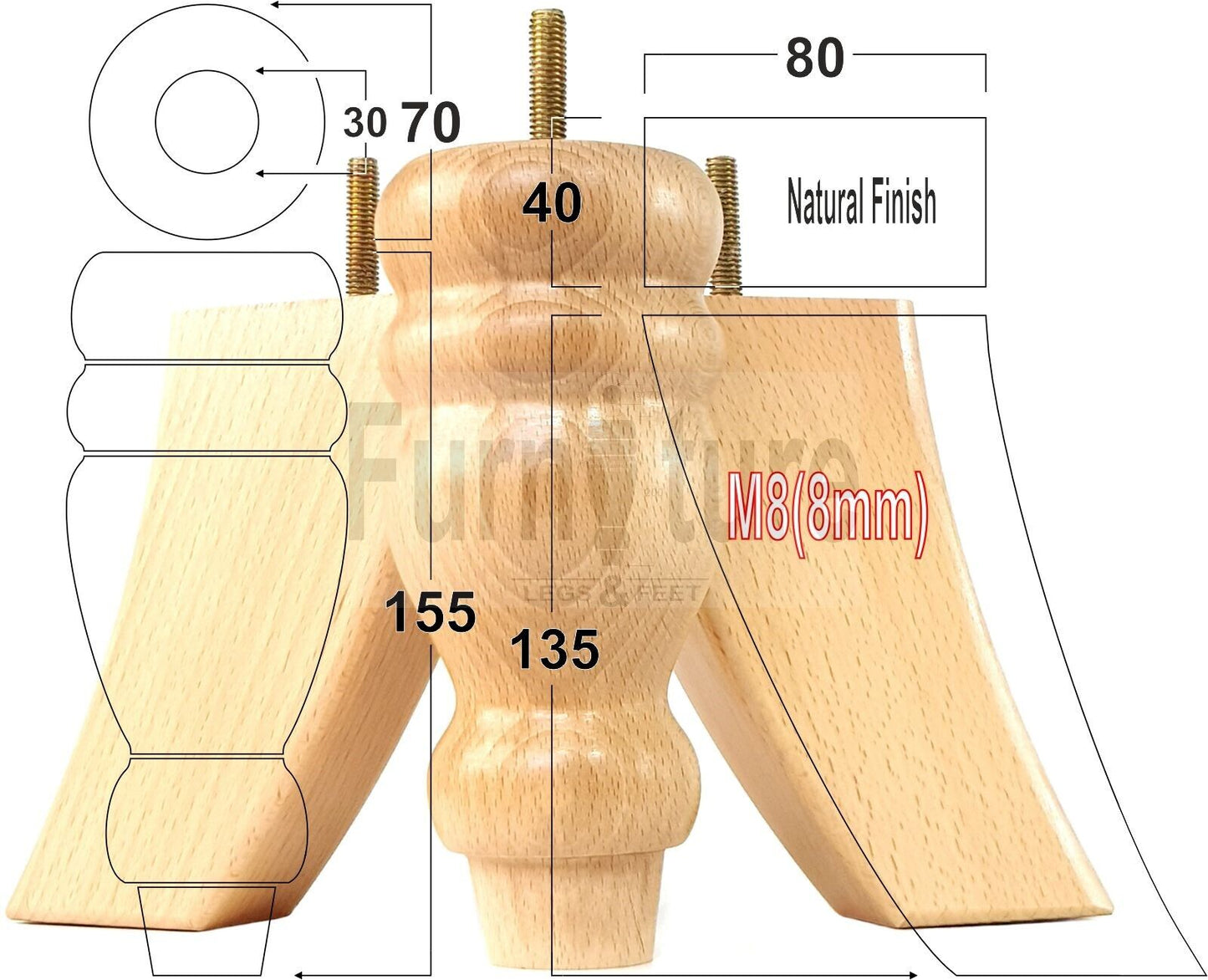 2x Turned Wood Furniture Feet 155mm and 2 Curved Back Legs Sofas Chairs Beds M8 Thread 6 Inches