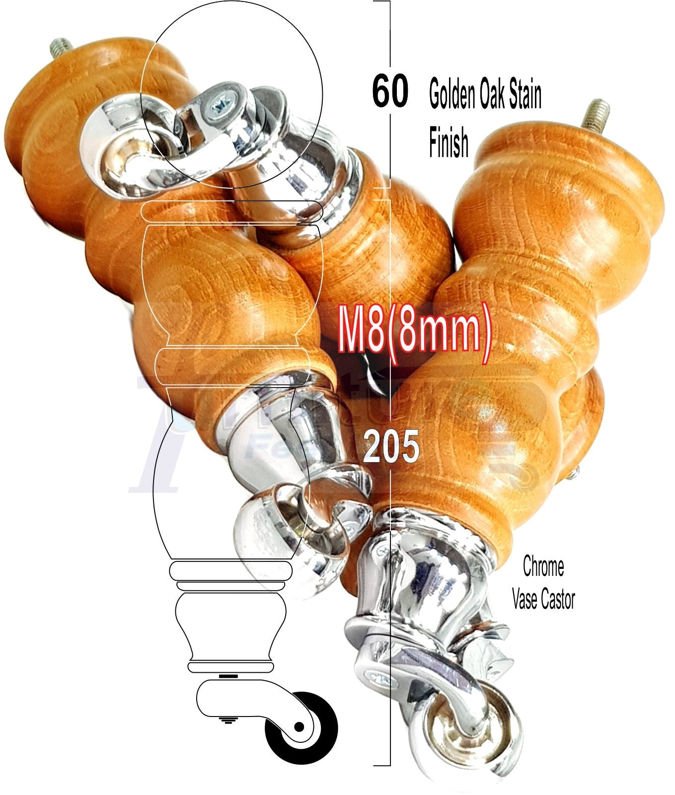 Solid Wood Furniture Feet With Castors Set of 4 Legs 205mm High For Sofas Chairs Stools Cabinets & Beds M8