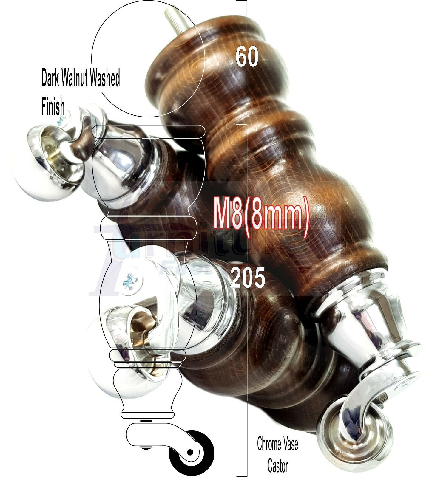 4x Furniture Feet With Castor 205mm High Legs Walnut Wood Finish M8 Sofas Chairs Stools Cabinets 8 Inches Tall