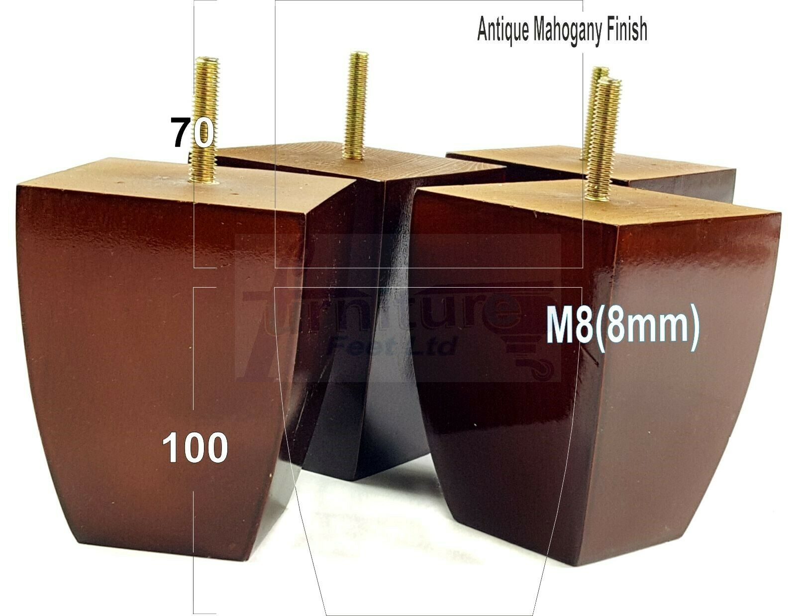 Set Of 4 Solid Wood Square Block Furniture Feet Replacement Legs 100mm High M8(8mm)