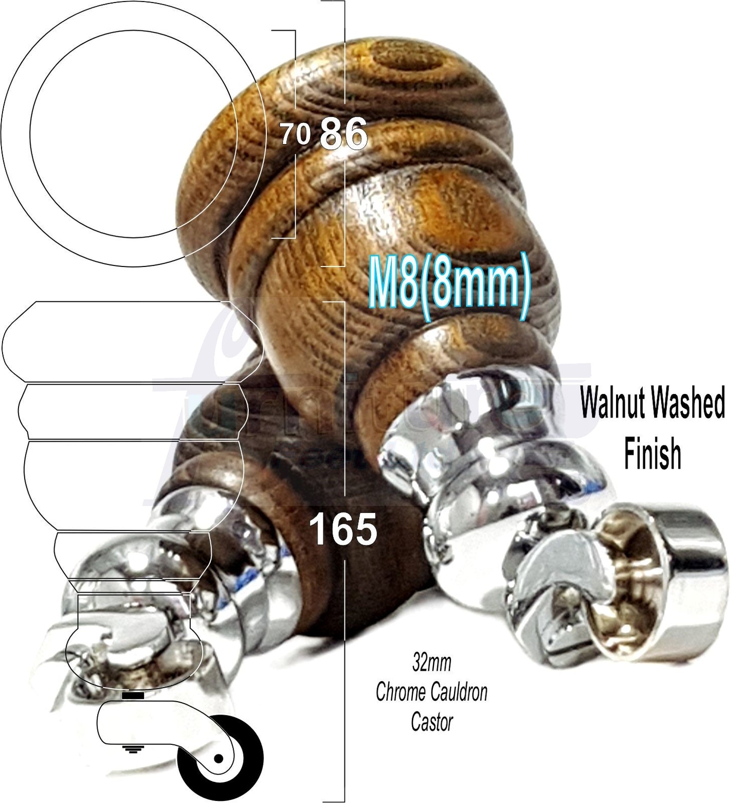 4 Turned Wood Furniture Feet With Chrome Cauldron Castors 155mm Legs Sofas Chairs Stools Cabinets Beds M8 6 Inches