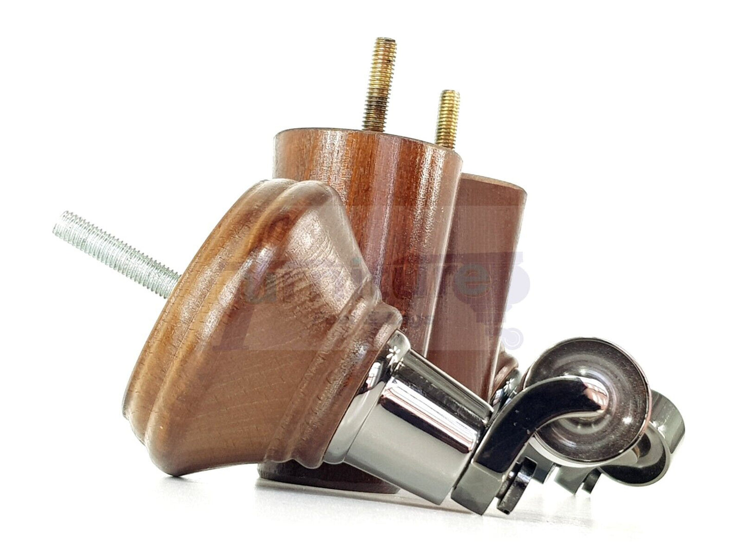 2 Antique Brown Wood Furniture Sofa Legs With Castor 125mm & 2 Angled Back Feet Chair Settee 100mm High M8