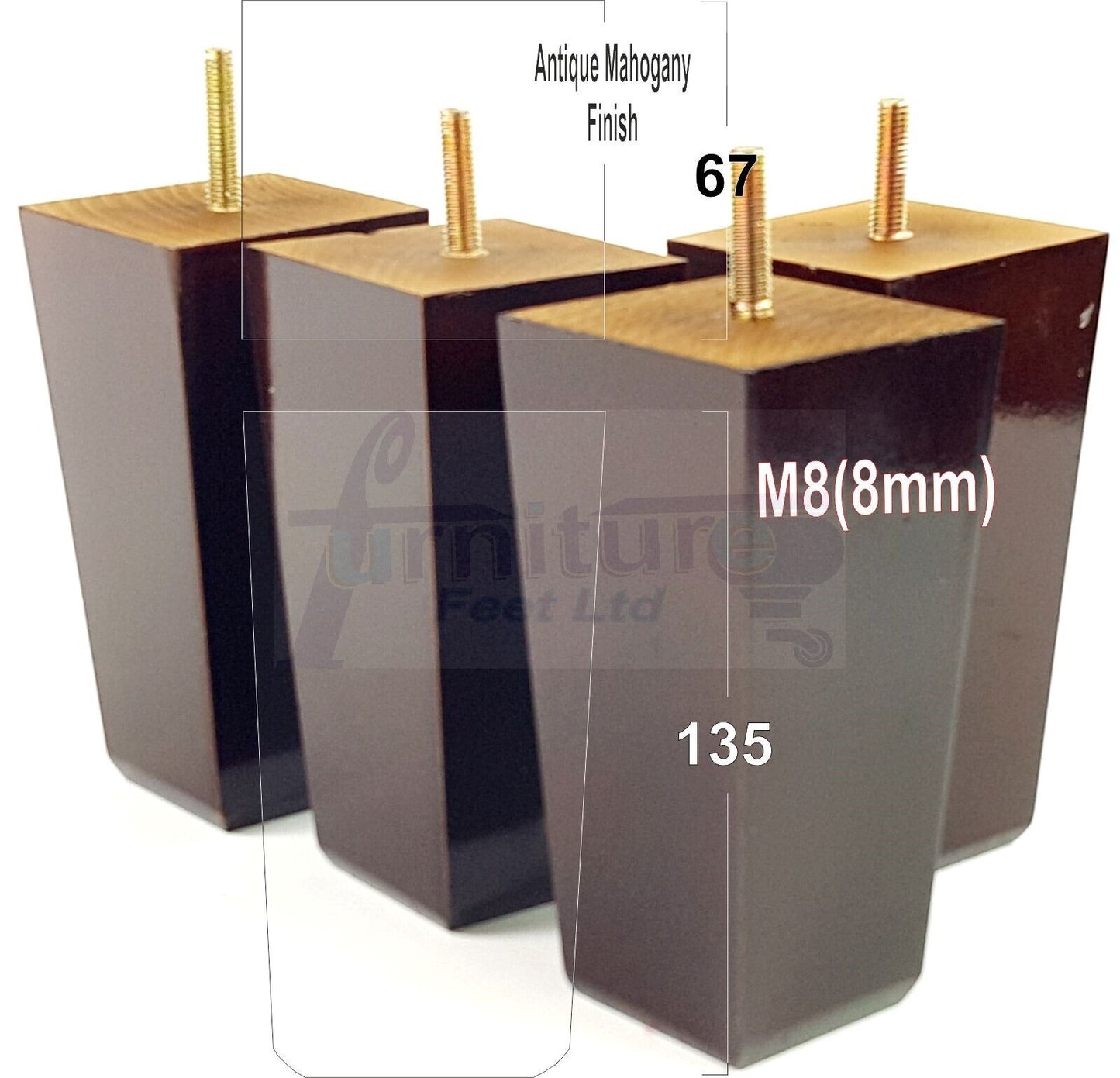 4x Block Wood Sofa Legs 135mm High Replacement Furniture Feet Chairs Cabinets M8(8mm)