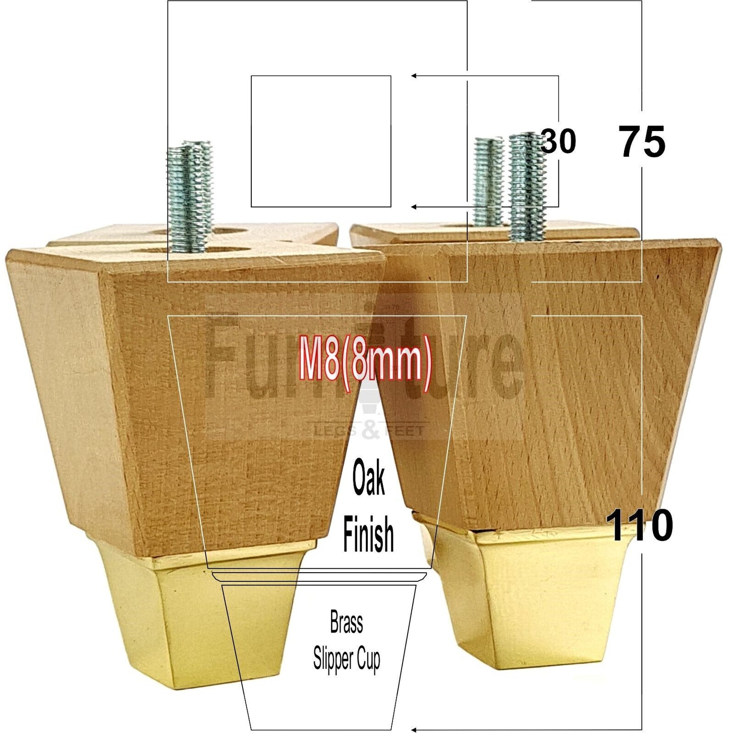 4x Block Wood With A Brass Slipper Cup Furniture Chair Settee Legs M8 Sofa Feet 110mm