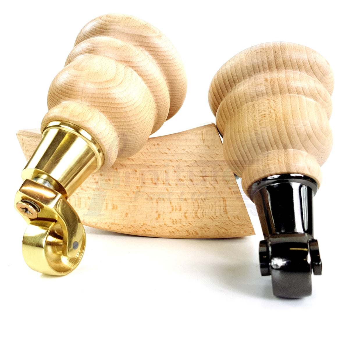 Turned Clear Wood Furniture Legs Replacement Feet 2 with Castors 155mm and 2 Curved Back Legs M8 6 Inches